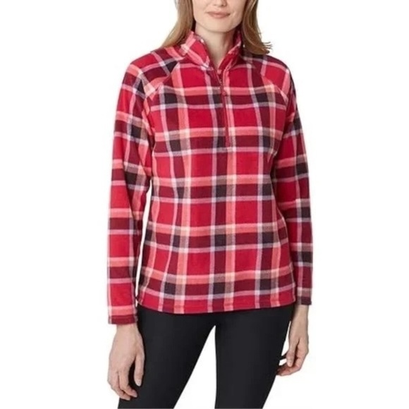 Eddie Bauer Fleece Quarter Zip Pullover Long Sleeve, Red/Pink Plaid, X-Small NWT - Picture 1 of 11